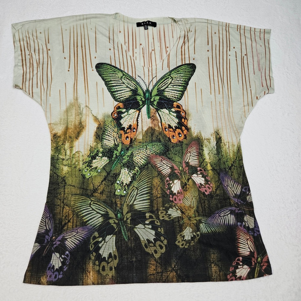 Fairycore Butterfly Rhinestone Graphic Top XL Boho Artsy Whimsical Tee Y2K Style